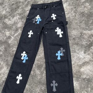 Chrome Hearts Black Jeans with Blue and White Crosses